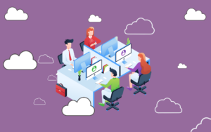 Illustration of employees working in an office space together.